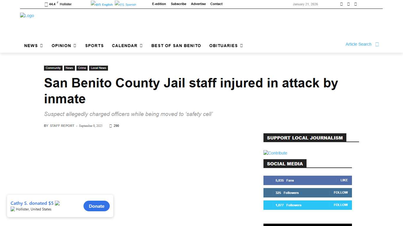 San Benito County Jail staff injured in attack by inmate - SanBenito.com | Hollister, San Juan Bautista, CA