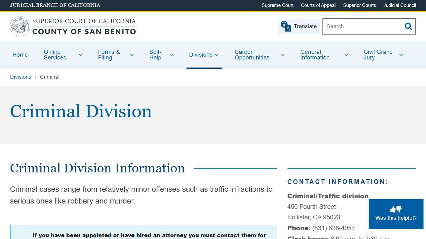 Criminal | Superior Court of California | County of San Benito